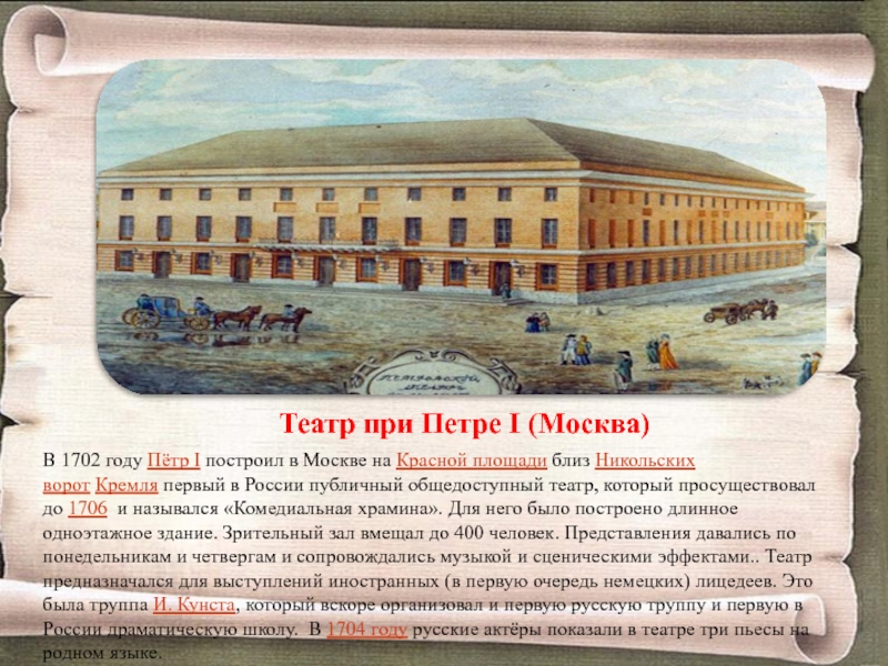 Первый театр был построен. Первый публичный театр при Петре 1 1702. Театр в Москве при Петре 1. Первый театр в Москве в 1702 год при Петре 1.