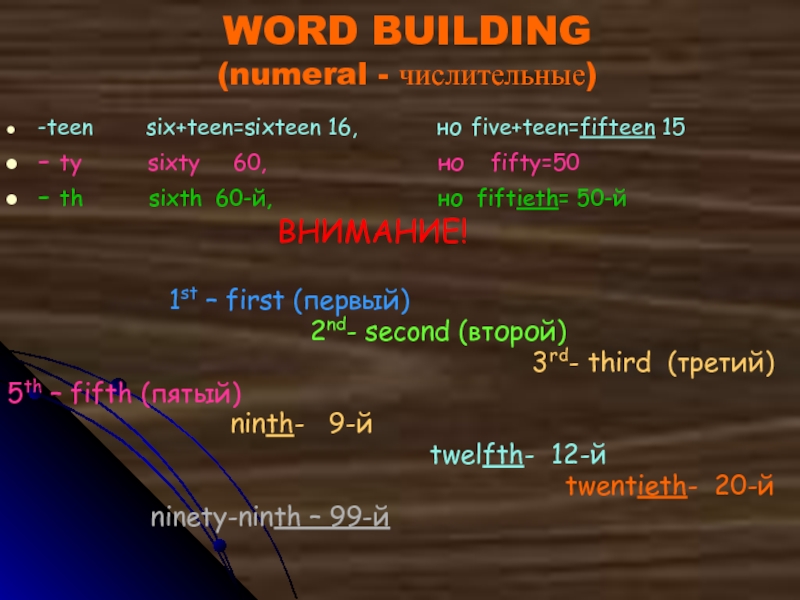 WORD BUILDING (numeral - числительные)-teen    six+teen=sixteen 16,      но five+teen=fifteen