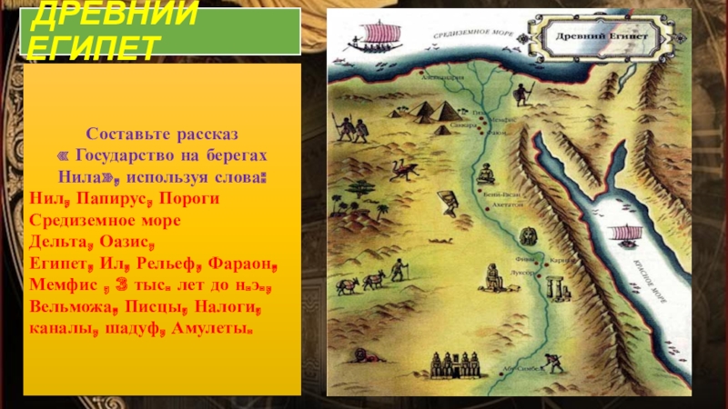 ДРЕВНИЙ ЕГИПЕТСоставьте рассказ « Государство на берегах Нила», используя слова:Нил, Папирус, ПорогиСредиземное мореДельта, Оазис,Египет, Ил, Рельеф,