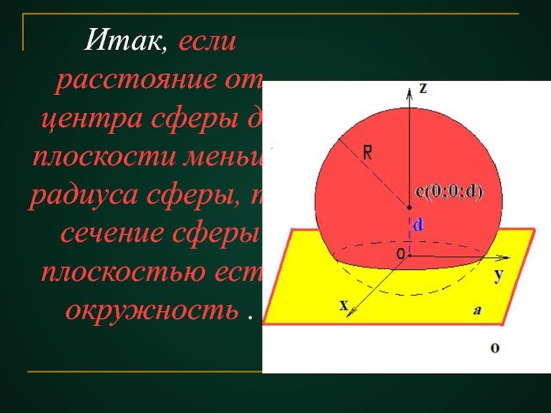 Радиус сечения сферы. Расстояние от центра сферы до сечения. Расстояние от центра сферы до плоскости меньше радиуса. Радиус окружности сечения сферы. Если расстояние от центра сферы до плоскости меньше радиуса.