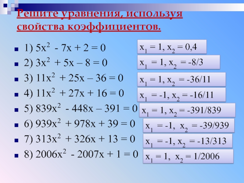 Решите уравнения, используя свойства коэффициентов. 1) 5x2 - 7х + 2 = 02) 3x2 + 5х –