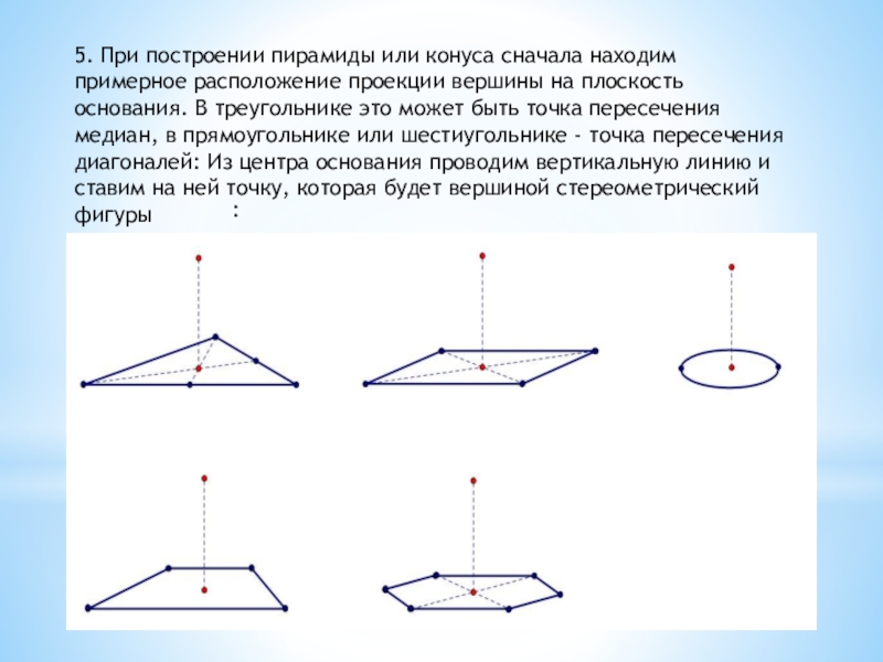 5. При построении пирамиды или конуса сначала находим примерное расположение проекции вершины на плоскость основания. В треугольнике