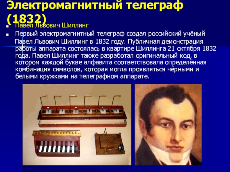 Беспроволочный телеграф кто изобрел. 1832 Г.— электромагнитный Телеграф шиллинга.. Первая линия электромагнитного телеграфа шиллинг.