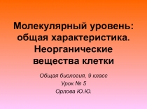 Презентация по биологии на тему Молекулярный уровень: общая характеристика. Неорганические вещества клетки