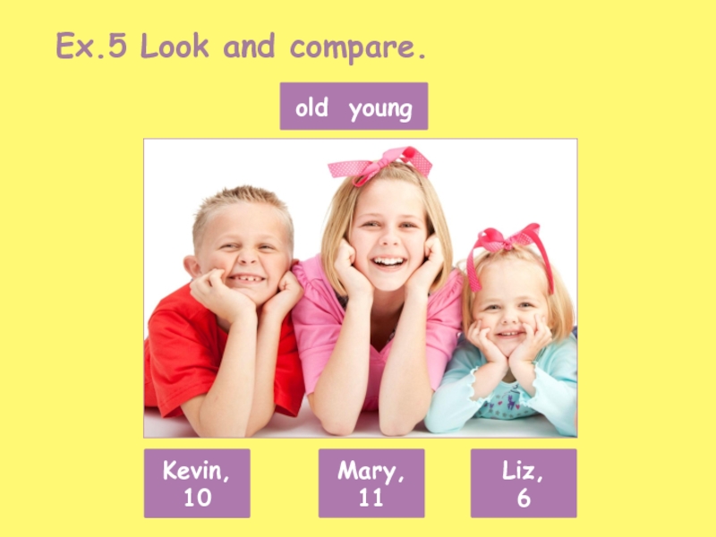 Kevin, 10Ex.5 Look and compare.Mary, 11Liz, 6old young