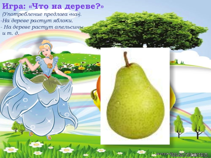 Игра: «Что на дереве?» (Употребление предлога «на»).На дереве растут яблоки.  На дереве растут апельсины и т.