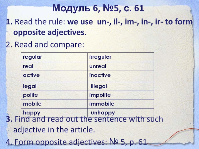 Модуль 6, №5, с. 611. Read the rule: we use un-, il-, im-, in-, ir- to form