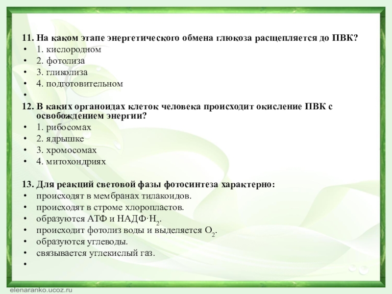  11. На каком этапе энергетического обмена глюкоза расщепляется до ПВК?1. кислородном2. фотолиза3. гликолиза4. подготовительном 12. В каких органоидах