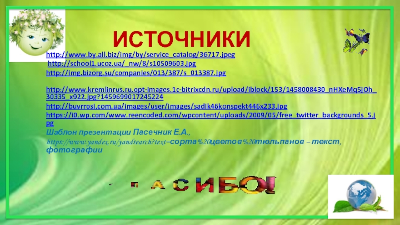 Источникиhttp://www.by.all.biz/img/by/service_catalog/36717.jpeg http://school1.ucoz.ua/_nw/8/s10509603.jpghttp://img.bizorg.su/companies/013/387/s_013387.jpg http://www.kremlinrus.ru.opt-images.1c-bitrixcdn.ru/upload/iblock/153/1458008430_nHXeMq5jOh_30335_x922.jpg?1459699017245224http://buvrrosi.com.ua/images/user/images/sadik46konspekt446x233.jpghttps://i0.wp.com/www.reencoded.com/wpcontent/uploads/2009/05/free_twitter_backgrounds_5.jpgШаблон презентации Пасечник Е.А.,https://www.yandex.ru/yandsearch?text=сорта%20цветов%20тюльпанов – текст,фотографии
