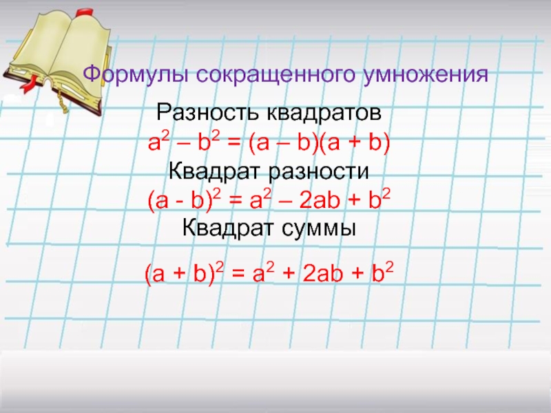 Формулы сокращенного умноженияРазность квадратовa2 – b2 = (a – b)(a + b)Квадрат разности (a - b)2 =