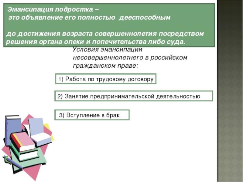 Объявление дееспособным несовершеннолетнего. Эмансипация презентация. Примеры эмансипации несовершеннолетних. Объявление несовершеннолетнего полностью дееспособным (эмансипация). Условия эмансипации несовершеннолетних.