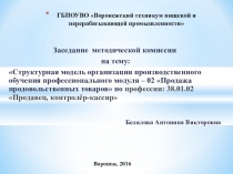 Презентация по теме:Структурная модель организации производственного обучения профессионального модуля – 02 Продажа продовольственных товаров по профессии: 38.01.02 Продавец, контролёр-кассир в рамках заседания МК торгового профиля