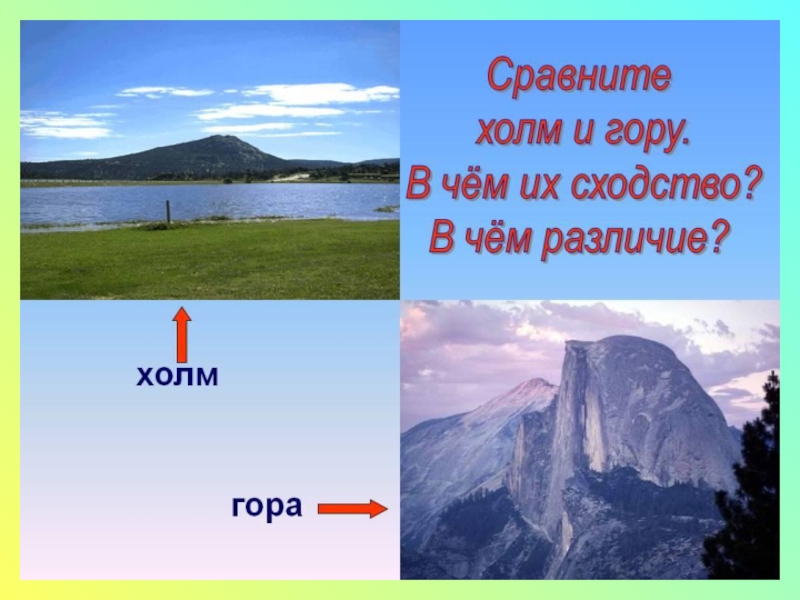 Формы земной поверхности презентация 2 класс тест. Сходство горы и холма. Горы и холмы окружающий мир. Холм окружающий мир. Тема формы земной поверхности.
