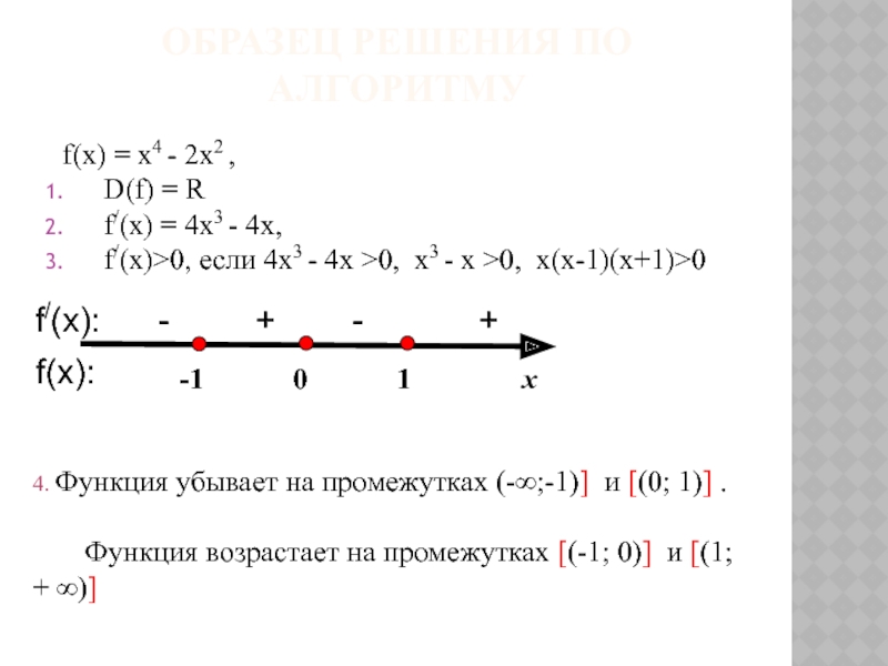 Образец решения по алгоритму f(х) = х4 - 2х2 , D(f) = Rf/(x) = 4х3 - 4х,f/(x)>0, если 4х3 - 4х