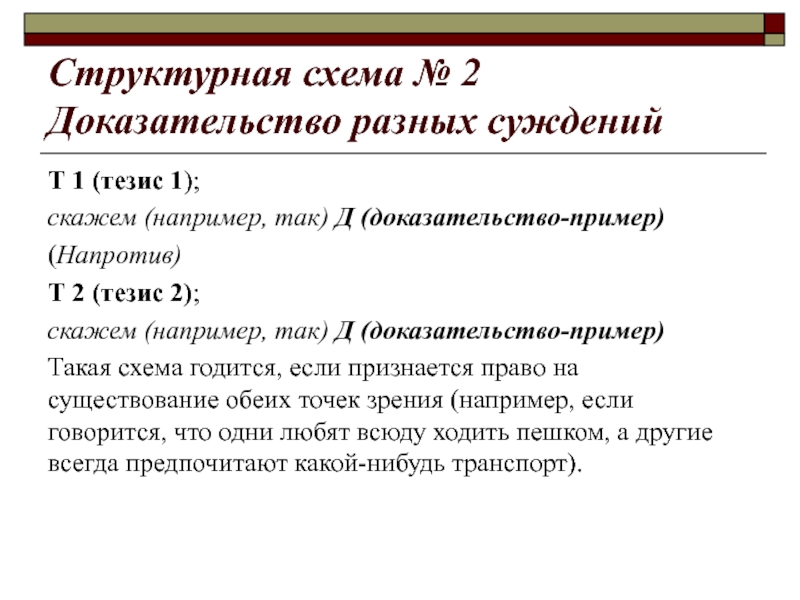Структурная схема № 2 Доказательство разных суждений Т 1 (тезис 1); скажем (например, так) Д (доказательство-пример)(Напротив)Т 2
