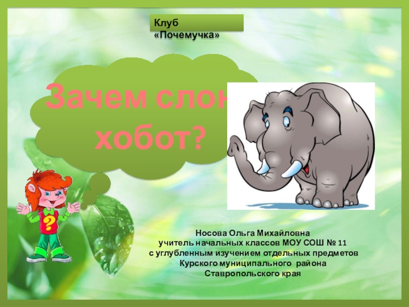 Презентация Презентация по теме Почемучка Зачем слону хобот?