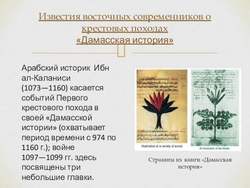 Арабский историк Ибн ал-Каланиси (1073—1160) касается событий Первого крестового похода в своей «Дамасской истории» (охватывает период времени