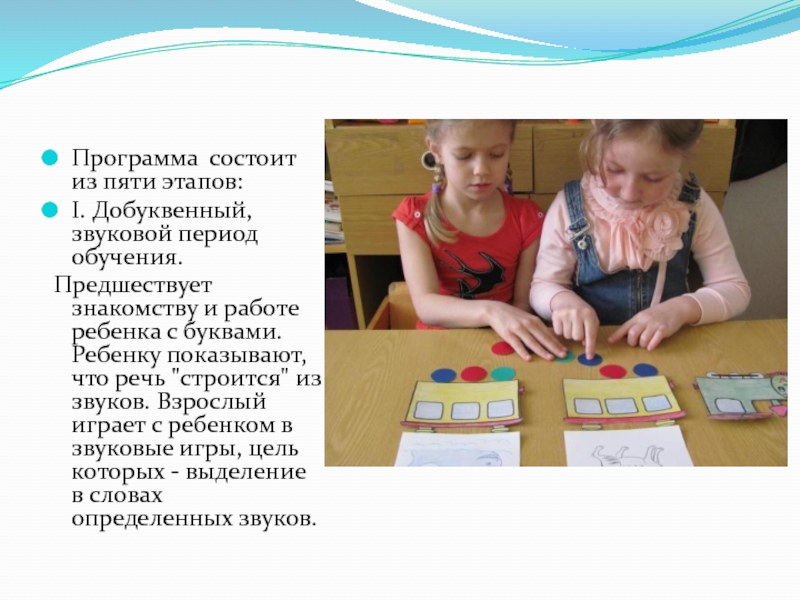 Программа  состоит из пяти этапов:I. Добуквенный, звуковой период обучения. Предшествует знакомству и работе ребенка с буквами. Ребенку показывают,