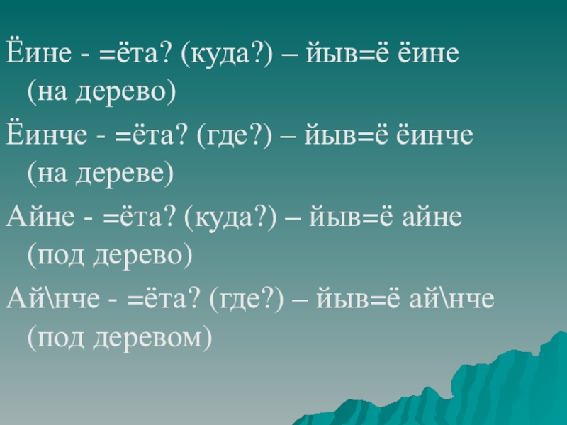 Ёине - =ёта? (куда?) – йыв=ё ёине (на дерево)Ёинче - =ёта? (где?) – йыв=ё ёинче (на дереве)Айне