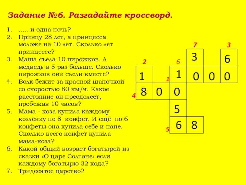 Задание №6. Разгадайте кроссворд. ….. и одна ночь?Принцу 28 лет, а принцесса моложе на 10 лет. Сколько лет