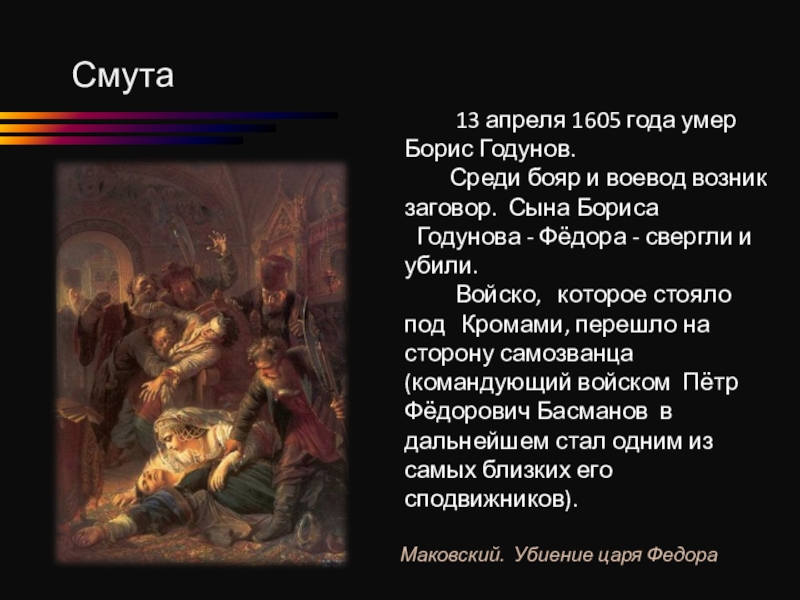 В каком году умер годунов. 13 Апреля 1605 смерть царя Бориса. Басманов и Лжедмитрий.