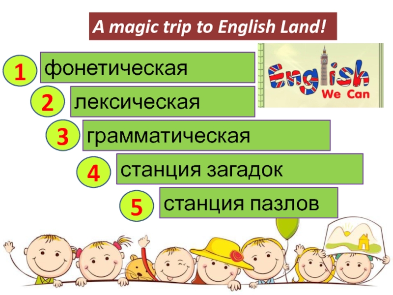 A magic trip to English Land! фонетическая лексическаяграмматическая станция загадок станция пазлов12345