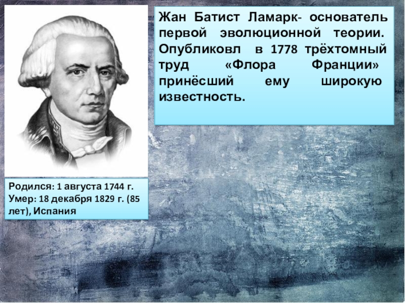 Создатель первой эволюционной теории. Жан Батист Ламарк Флора Франции. Жан Батист Ламарк создатель первого эволюционного учения. Жан Батист Ламарк основатель. Жан Батист Ламарк теория эволюции.