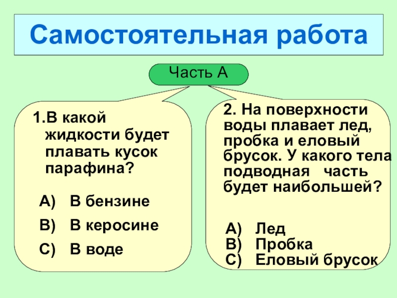 В каком из жидкостей кусок парафина будет плавать так как показано на рисунке