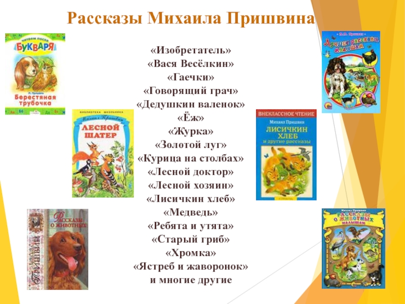 Рассказы Михаила Пришвина «Изобретатель» «Вася Весёлкин» «Гаечки» «Говорящий грач» «Дедушкин валенок» «Ёж» «Журка» «Золотой луг» «Курица