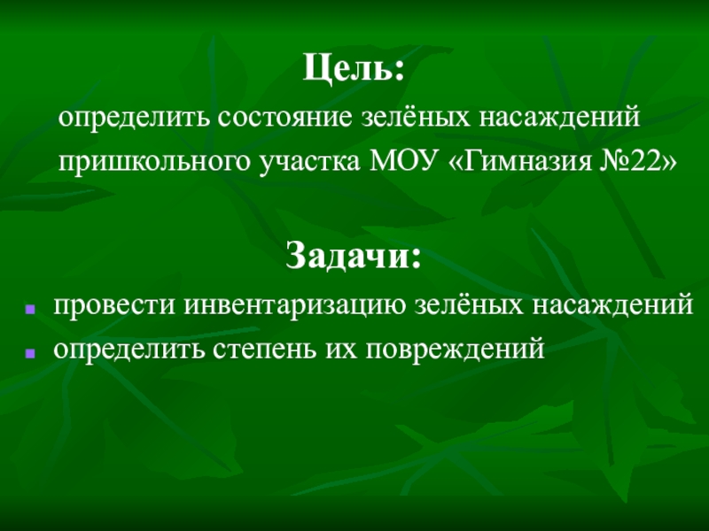 Цель:  определить состояние зелёных насаждений  пришкольного участка МОУ «Гимназия №22»