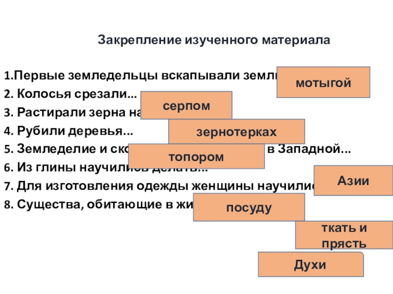 Закрепление изученного материала1.Первые земледельцы вскапывали землю …2. Колосья срезали... 3. Растирали зерна на... 4. Рубили деревья... 5.