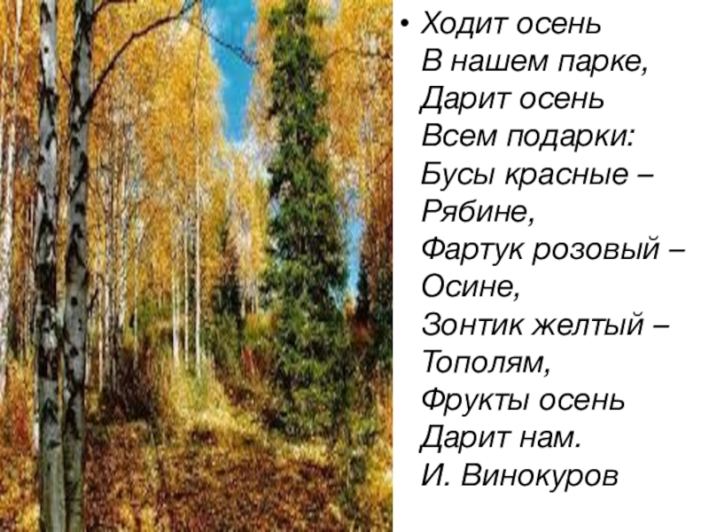 Ходит осень. Дарит осень всем подарки стих. Ходит осень в нашем парке дарит осень всем подарки. Стих ходит осень в нашем парке. Осень Винокуров стих.