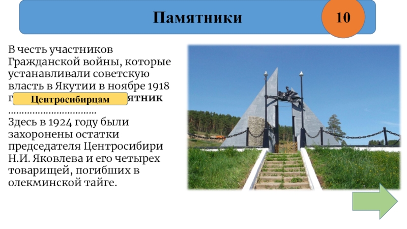 Памятники10В честь участников Гражданской войны, которые устанавливали советскую власть в Якутии в ноябре 1918 года, был открыт