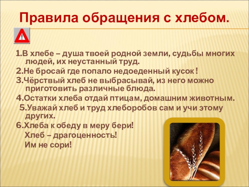 1.В хлебе – душа твоей родной земли, судьбы многих людей, их неустанный труд.2.Не бросай где попало недоеденный