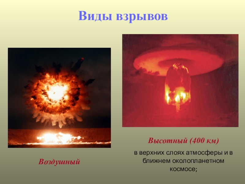 Виды взрывов. Воздушный вид взрыва. Ядерный взрыв в верхних слоях атмосферы. Высотный вид взрыва. Виды ядерных взрывов ОБЖ 10 класс.