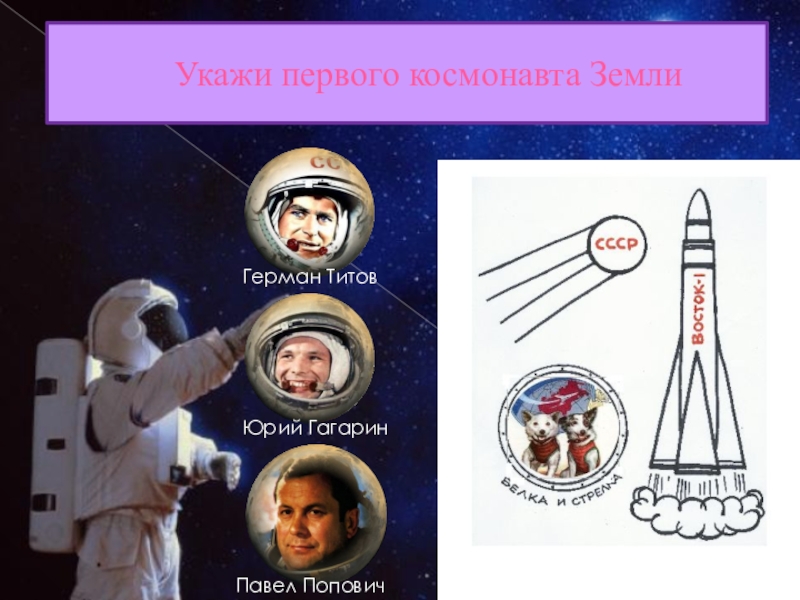 Укажи первого космонавта ЗемлиЮрий ГагаринГерман ТитовПавел Попович