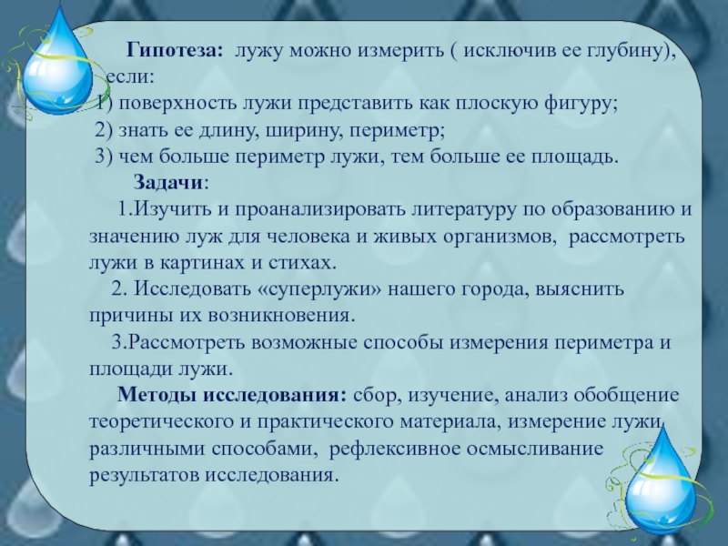 Гипотеза: лужу можно измерить ( исключив ее глубину),  если: 1) поверхность лужи представить