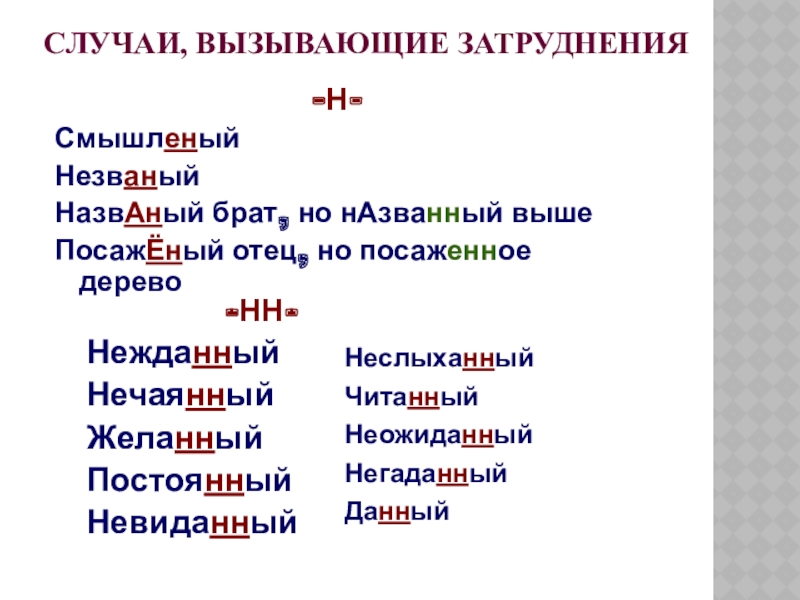 СЛУЧАИ, ВЫЗЫВАЮЩИЕ ЗАТРУДНЕНИЯ-Н-СмышленыйНезваныйНазвАный брат, но нАзванный вышеПосажЁный отец, но посаженное дерево -НН-НежданныйНечаянныйЖеланныйПостоянныйНевиданный