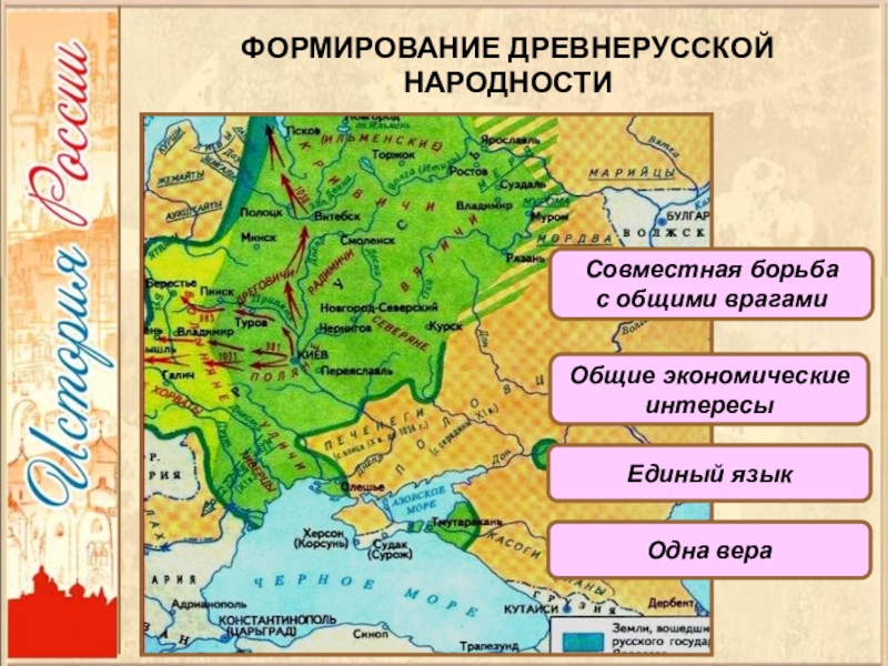 Впишите в схему образование восточнославянских народов из древнерусской народности названия земель