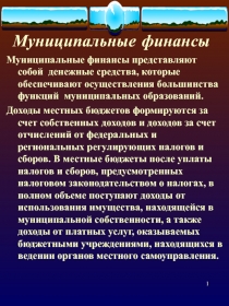 Муниципальные финансы - социально-экономическое значение. (Факультатив Финансы. Презентация к Теме №27)