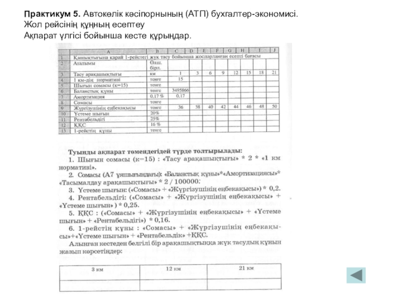 Практикум 5. Автокөлік кәсіпорнының (АТП) бухгалтер-экономисі. Жол рейсінің құңның есептеу Ақпарат үлгісі бойынша кесте құрыңдар.