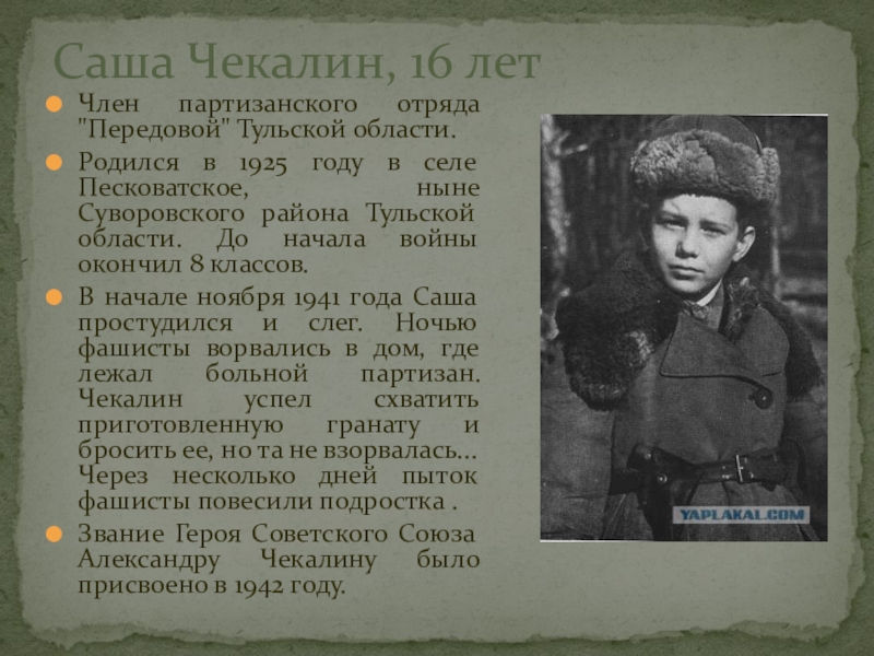 Саша Чекалин, 16 летЧлен партизанского отряда 