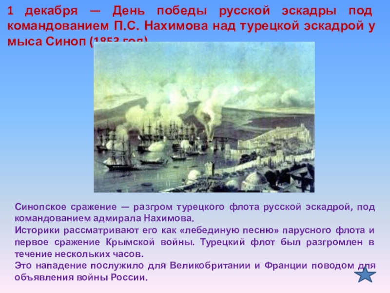 День победы русской эскадры над турецкой. 1 Декабря — день Победы русской эскадры под командованием. 1 Декабря день Победы эскадры под командованием Нахимова. 1 Декабря 1853 год является днем Победы русской эскадры у мыса Синоп над. Синопское сражение презентация 1 декабря.