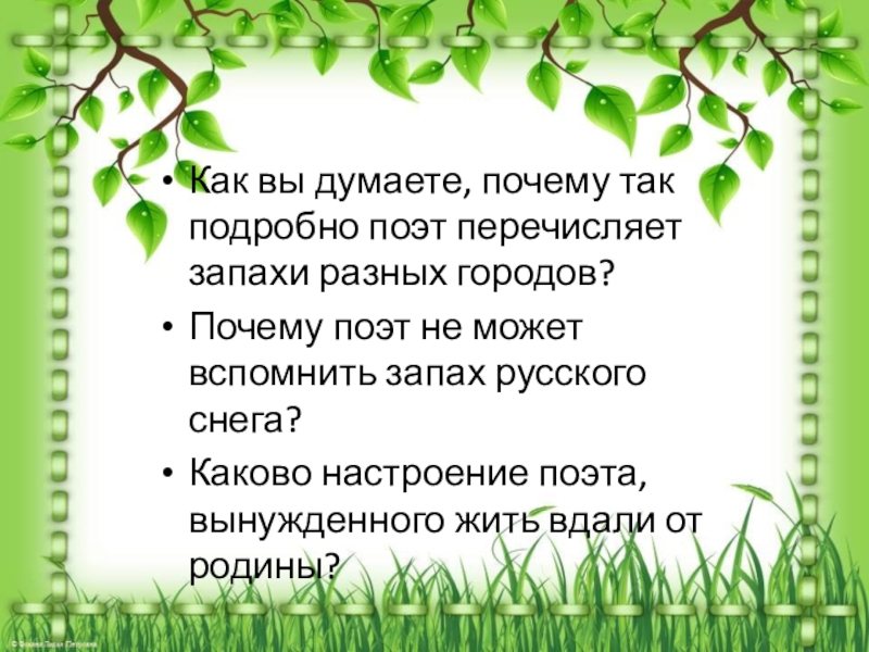 Как вы думаете почему история. Как вы думаете почему. Почему так подробно и долго поэт перечисляет запахи разных городов. Какого настроение поэта вынужденного жить вдали от Родины. Стихотворение про запахи городов.