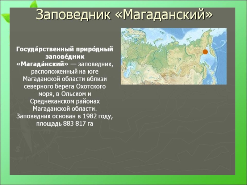 Природные условия географическое положение. Магаданский заповедник презентация. Презёнтация о заповеднике Магаданской области. Магаданский заповедник на карте России. Магаданский заповедник сообщение.