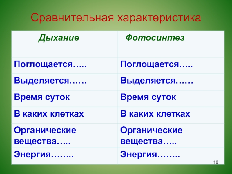 Какой газ поглощается. Дыхание поглощается. Сравнительная характеристика фотосинтеза и дыхания. Сравнительная характеристики дыхательной. Сравнительная характеристика энергия фотосинтез дыхание.