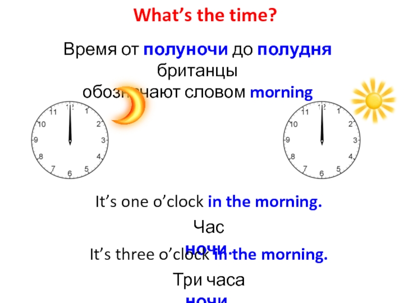 What’s the time?Время от полуночи до полудня британцыобозначают словом morningIt’s one o’clock in the morning.Час ночи.It’s three