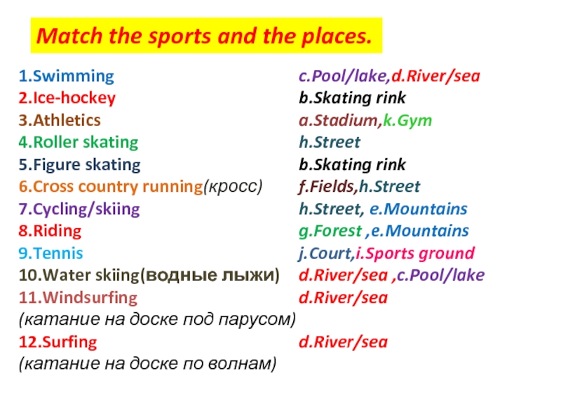 Match the sports and the places.1.Swimming2.Ice-hockey3.Athletics4.Roller skating5.Figure skating6.Cross country running(кросс)7.Cycling/skiing8.Riding9.Tennis10.Water skiing(водные лыжи)11.Windsurfing(катание на доске под парусом)12.Surfing(катание на
