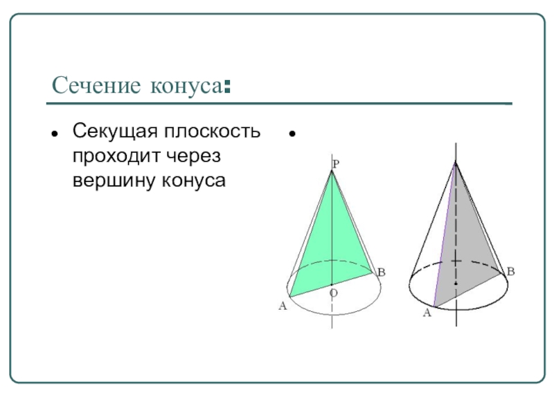 Сечение конуса плоскостью плоскостью проходящей вершину. Сечение конуса. Виды сечений конуса. Виды сечения конуса плоскостью. Сечение проходящее через вершину конуса.