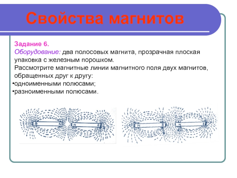 На каком рисунке изображена картина магнитного поля при взаимодействии одноименных полюсов магнитов